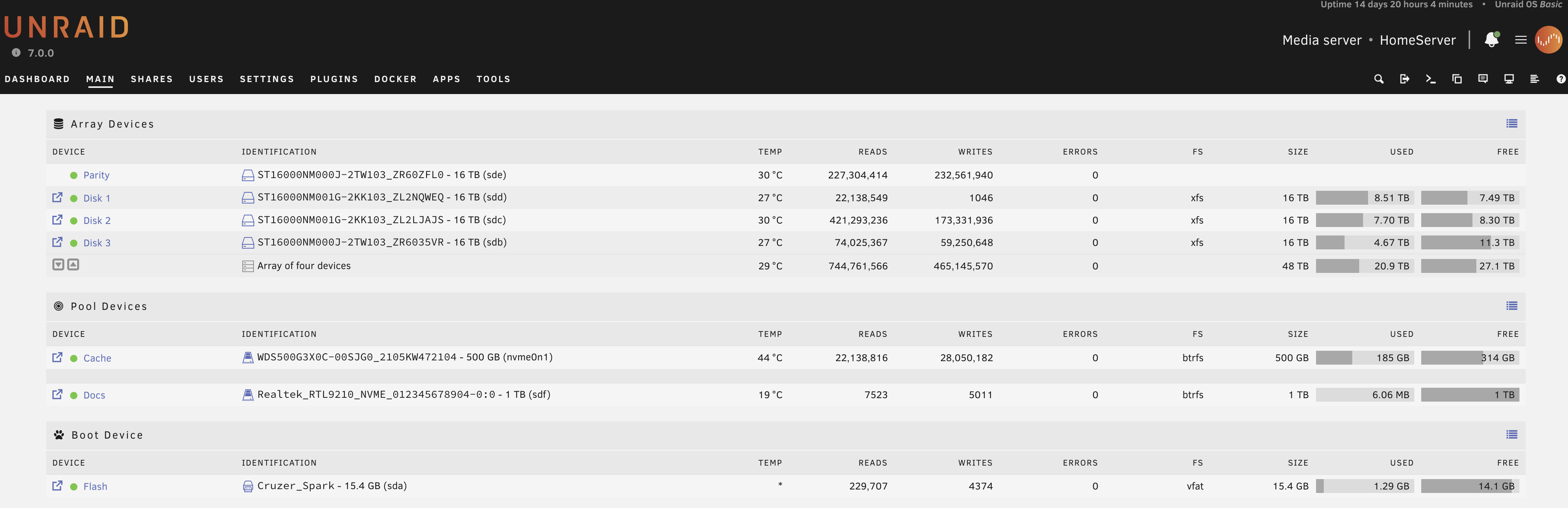 Screenshot of the Unraid GUI on my home server
