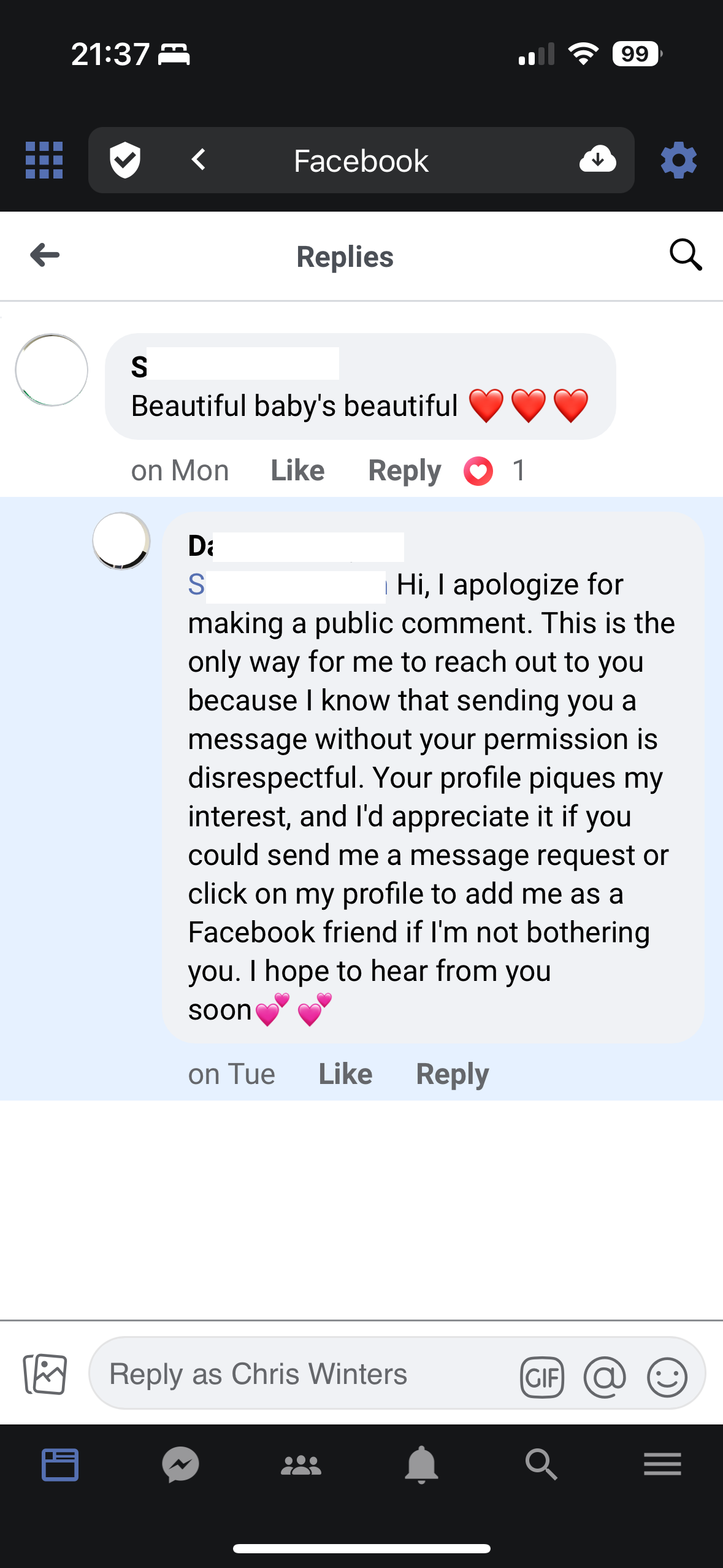 Screenshot of Facebook of a bot commenting on a bot's comment, asking them to add them on Facebook so they can catfish them.