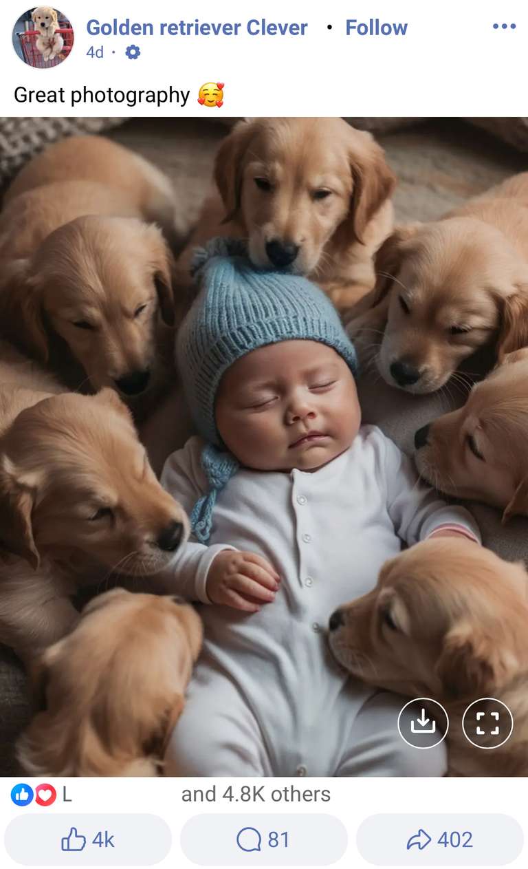 Screenshot of Facebook, an AI generated photo of a baby surrounded by puppies, with the caption 'Great photography'. The photo has 81 comments, 402 shares and 4,000 Likes.