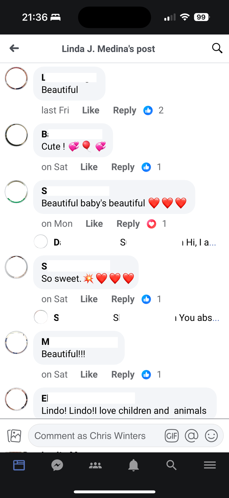 Screenshot of Facebook. Anonymised users posting generic comments like 'Beautiful!' that are obviously bots.