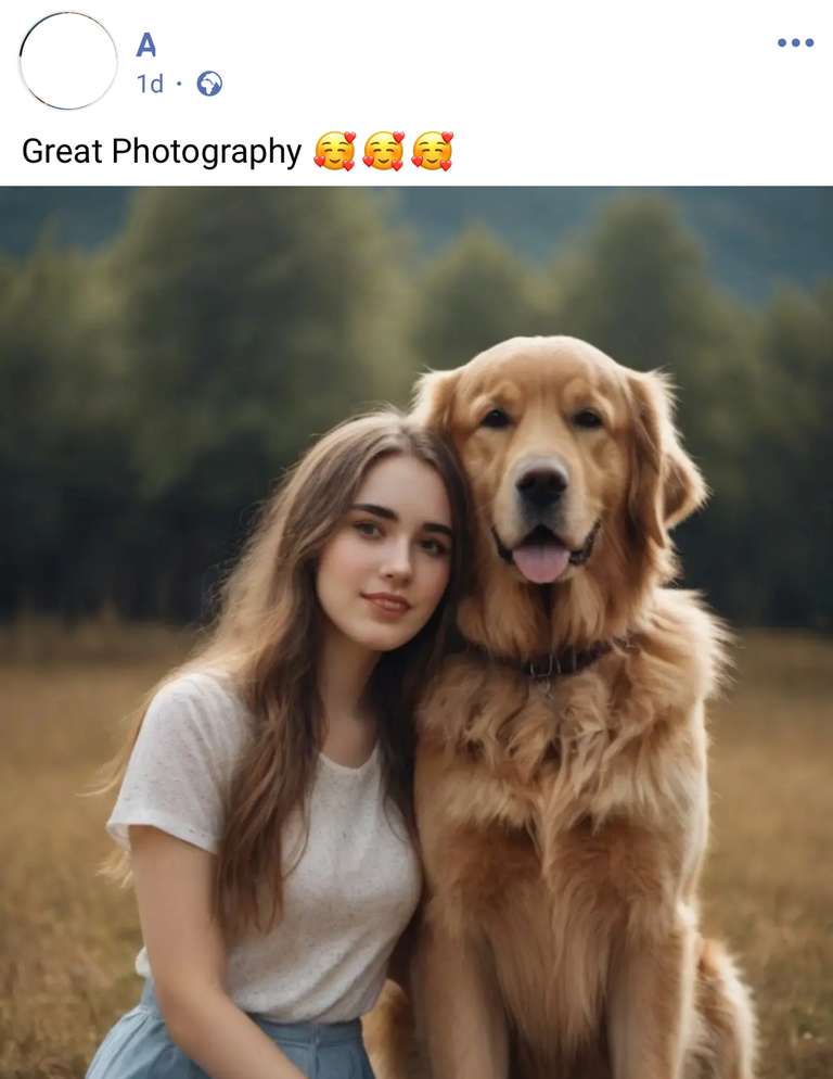 Screenshot of Facebook, an AI generated photo of a young woman sitting next to a dog, with the caption 'Great photography'. I didn't screenshot the comment numbers on this one.